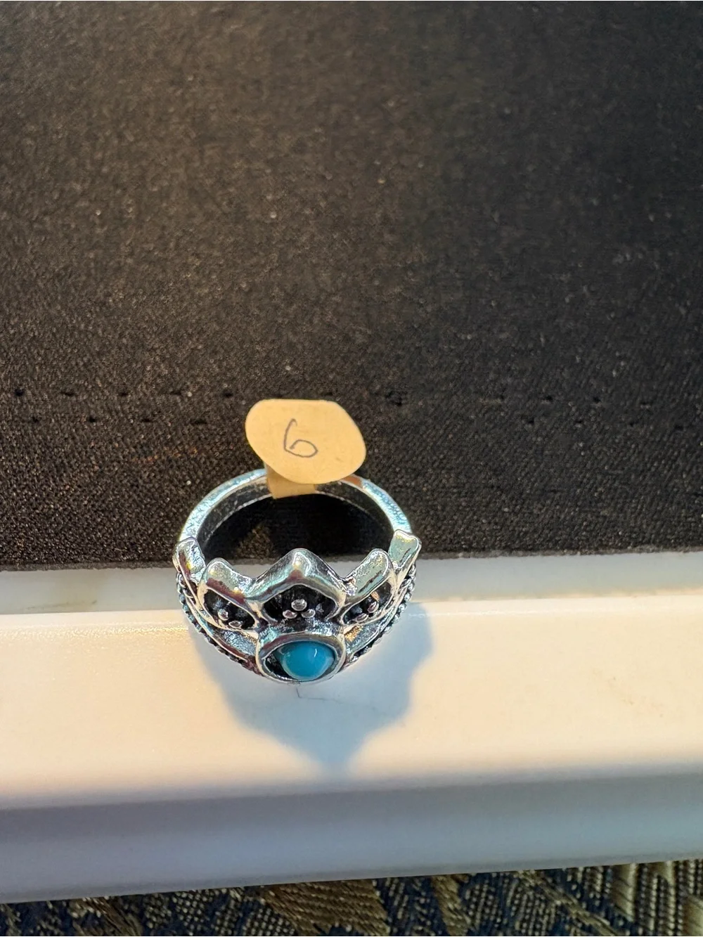 Silver Tone Crown Ring with Turquoise Accent Size 6